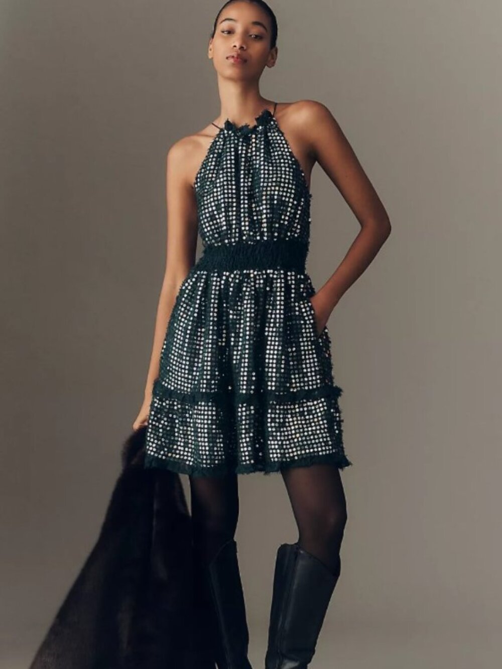 Somerset Shine Mini Halter Dress Dark Green XS NWT A-Line Tiered Party Glitter